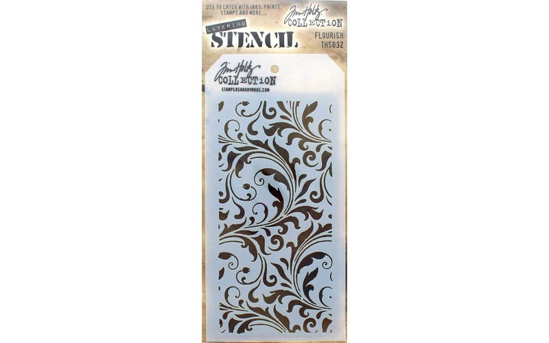 Stampers Anonymous THS-032 Tim Holtz Layered Flourish Stencil, 4.125 x 8.5 , White